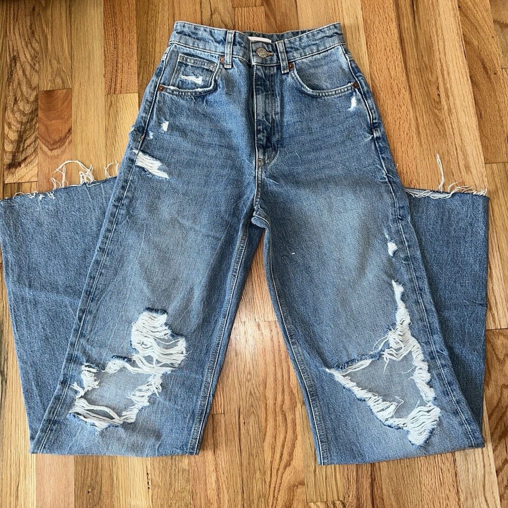 ZARA TRF Ripped Wide Leg Jeans Size 2 – Distressed High Rise Frayed Hem